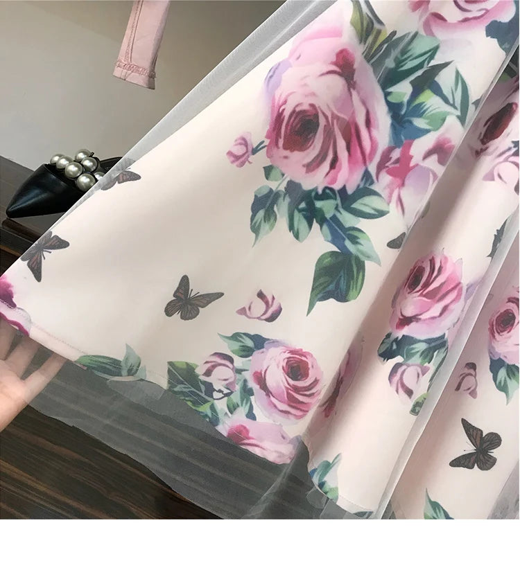 Women's Irregular T-shirt + Mesh Skirt Set Bowknot Solid Color Top Retro Floral Skirt Set