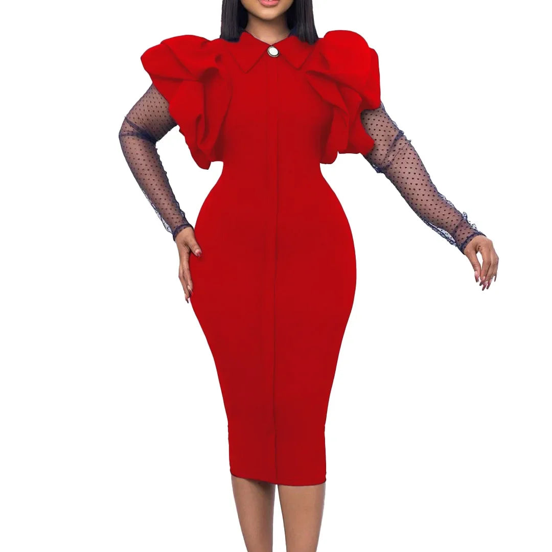 African Dresses for Women African Ruffles Patchwork Mesh Long Sleeve Elegant Office Ladies Work Wear Autumn Winter Midi Dress