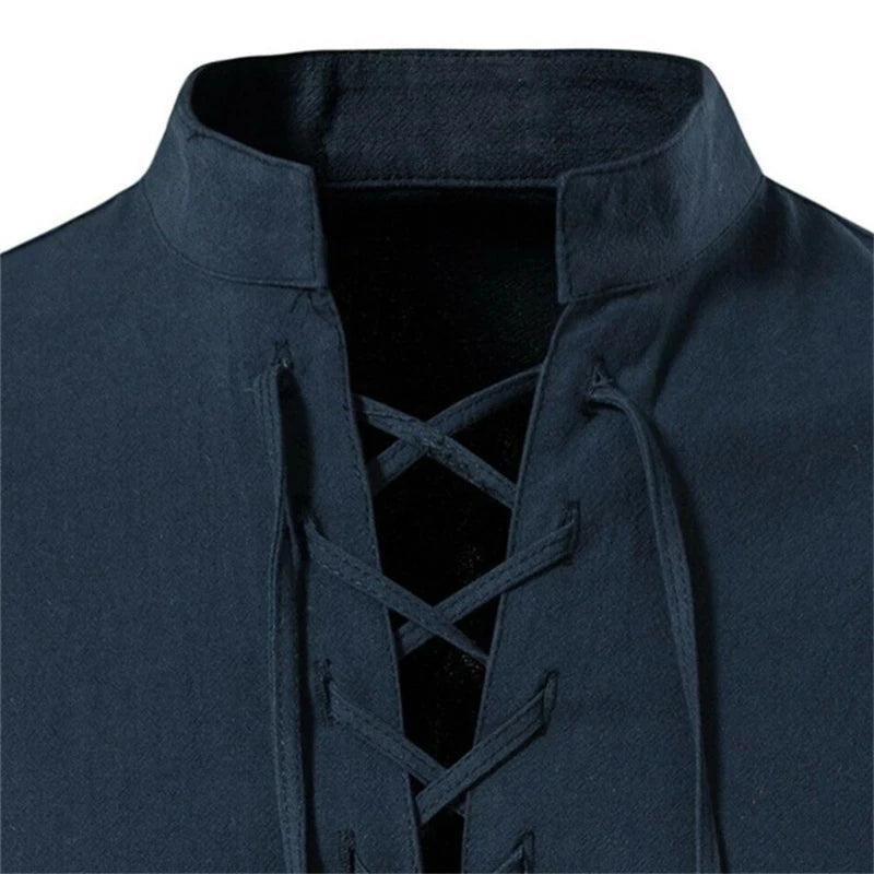 2022 New Men's V-neck shirt T-shirt Fashion  Long Sleeve Top men Casual Breathable  Front Lace Up man Shirts