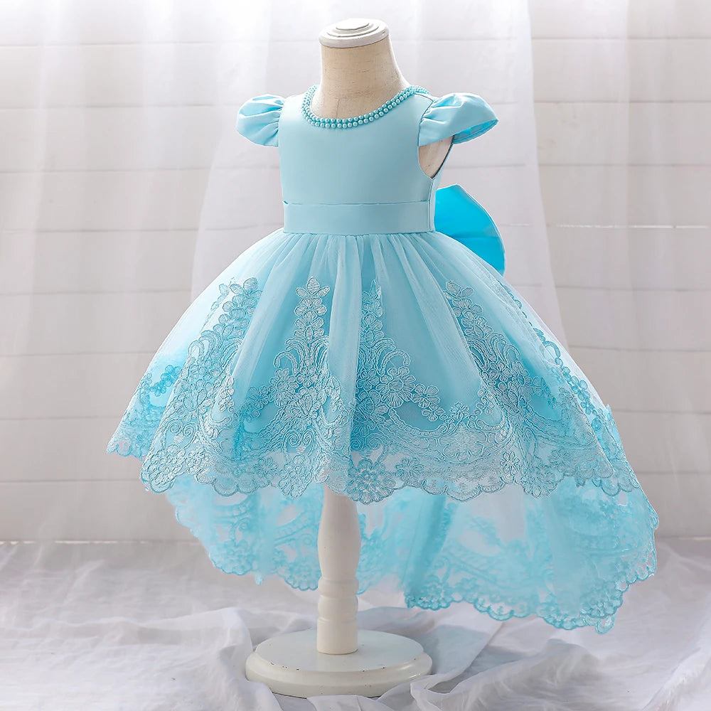 Toddler Bow Baby Dress For Girls Beading Tulle Princess 1st Birthday Embroidery Kids Party Dresses for Girl Pink Baptism Costume