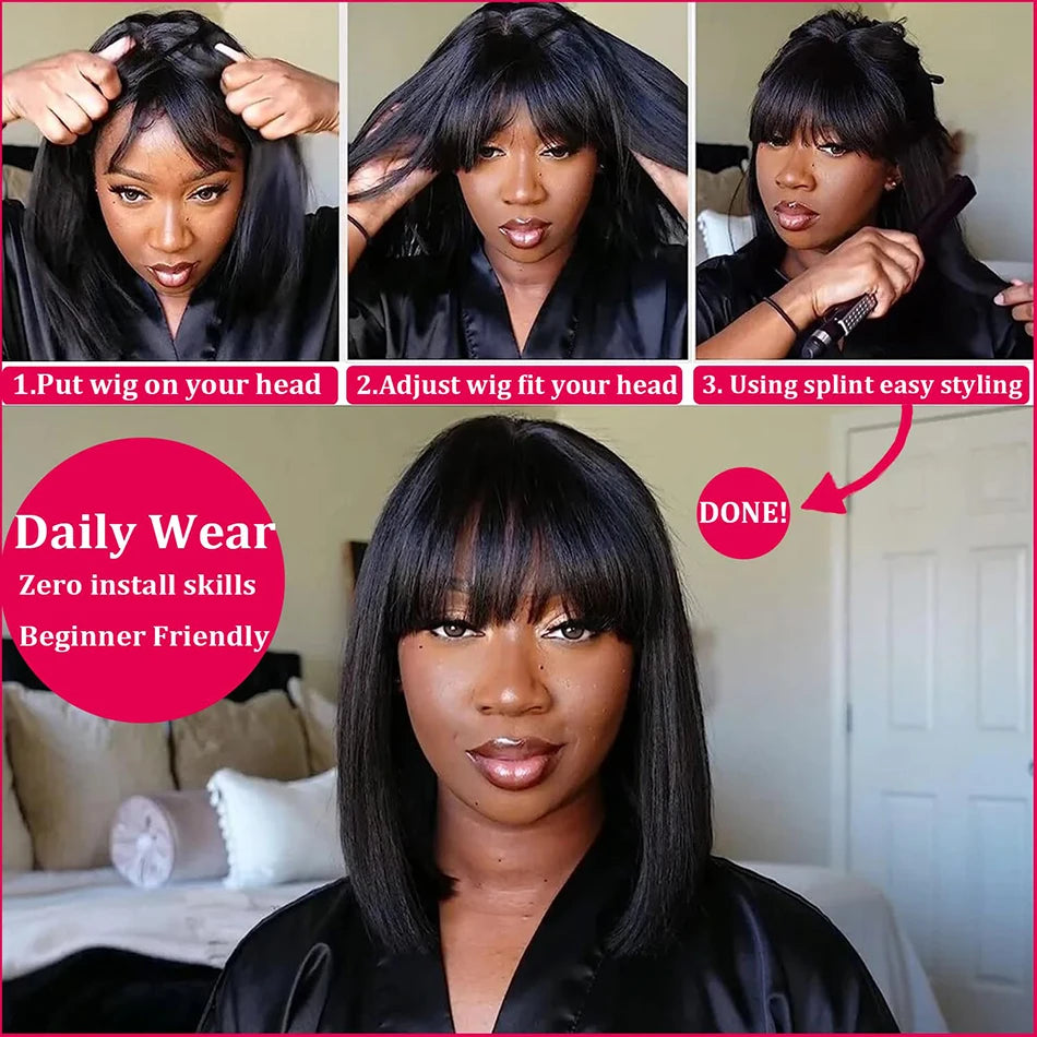 Wiggogo 3X1 Middle Part Lace Wig Short Bob Wigs Glueless Wig Human Hair Ready To Wear And Go Straight Human Hair Wigs With Bangs