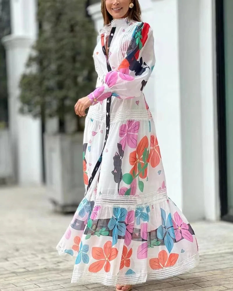 Spring/summer 2023 New Women's Dress Fashion Retro Print Elegant Lace Panel Shirt Long dresses formal dresses for prom