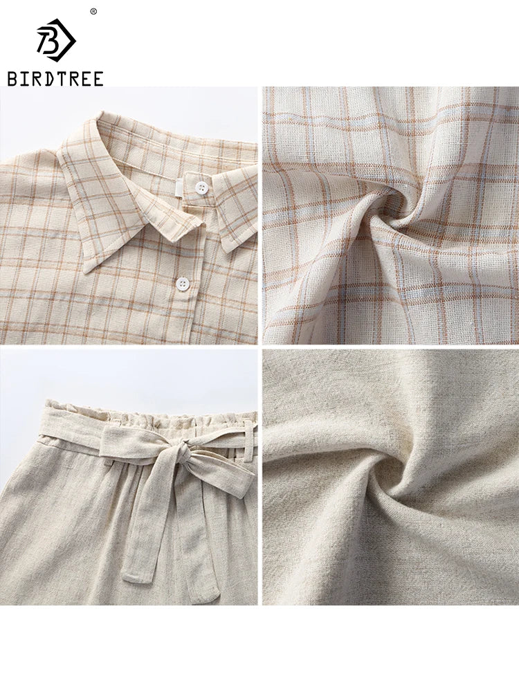 Summer Women Three Piece Sets Casual Linen Plaid Long Sleeve Tops + Elastic Waist Belt Wide Leg Shorts Vest Suits S26801J