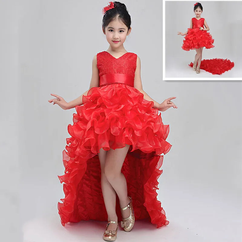 2-13T Flower Girl Trailing Wedding Dresses Children High Quality Tutu Mermaid Dress V-Neck Big Bow Princess Long Clothing