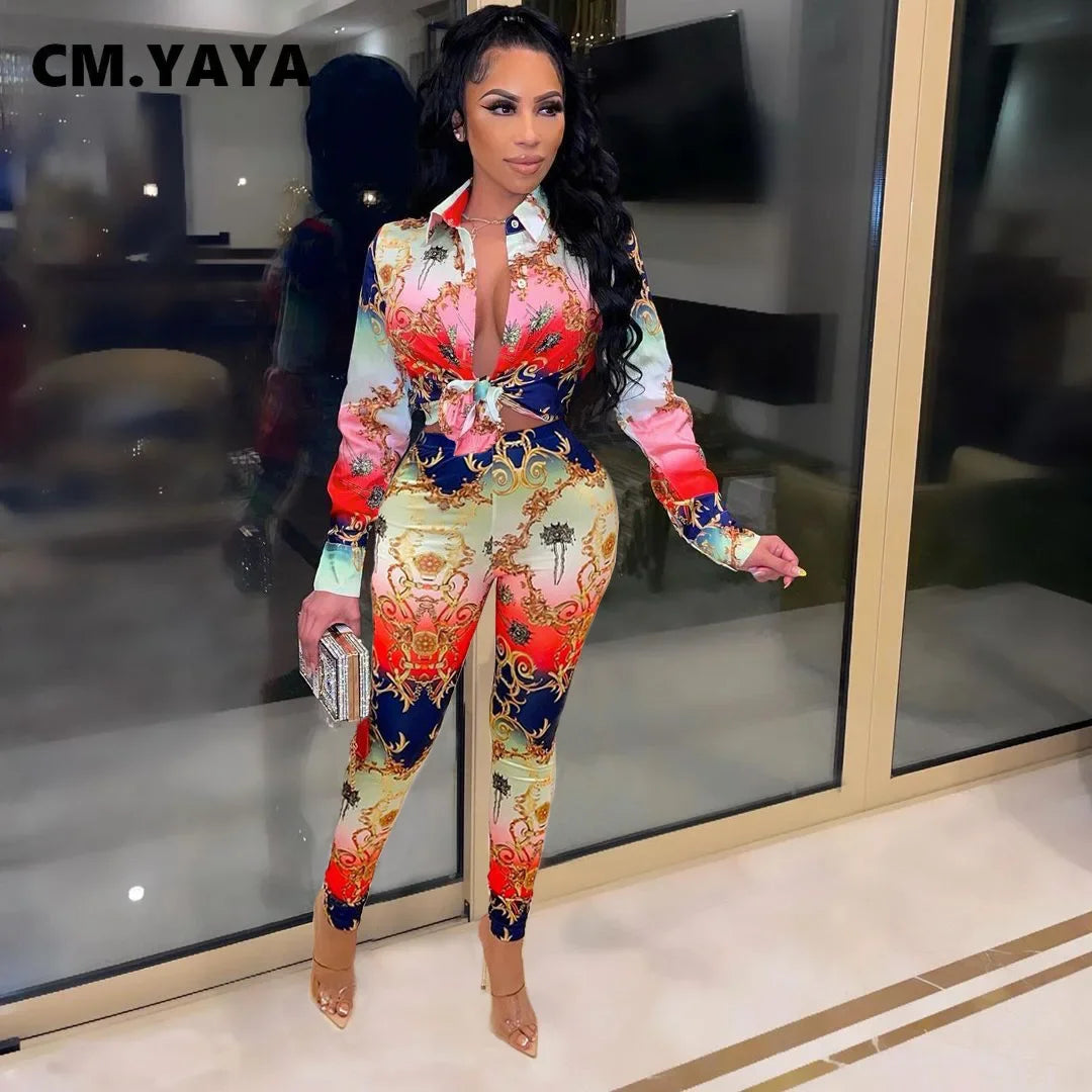 CM.YAYA Women Paisley Two 2 Piece Set Outfits Elegant INS Blouses Shirt Tops and Legging Pants Matching Set Vintage Tracksuit