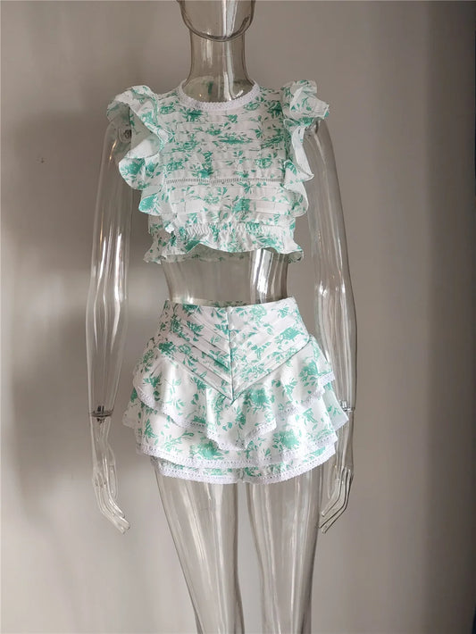 High Quality 2023 Sunday Set Elastic Waistband Cropped Top with Ruffle Detail and Cute Ruffle Mini Shorts Skirts Green