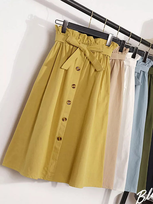 Summer Autumn Skirts Womens 2024 Midi Knee Length Korean Elegant Button High Waist Skirt Female Pleated School Skirt