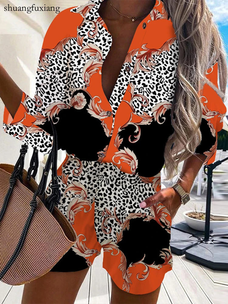 Summer Casual Beach Outfits For Women 2022 Spring Half Sleeve Shirts Tops And Shorts 2 Piece Set Leopard Print Two Piece Set