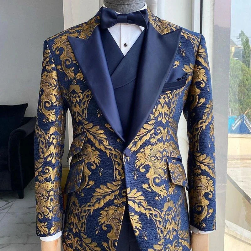 Floral Suits for Men Slim Fit Jacquard Wedding Tuxedo Navy Blue and Gold Gentleman Jacket with Vest Pant 3 Pcs 2024