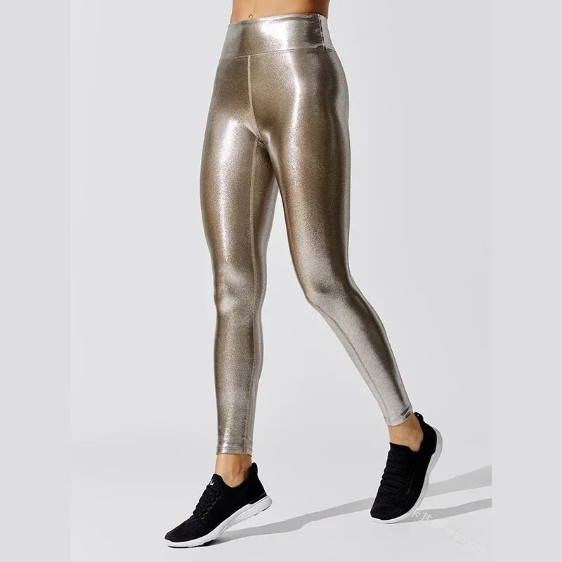 Women's Metallic Luster Yoga Pants Leggings Elastic Waist Sexy Shiny Sports Clothing Fitness Leggings High Waist Gym Sportswear