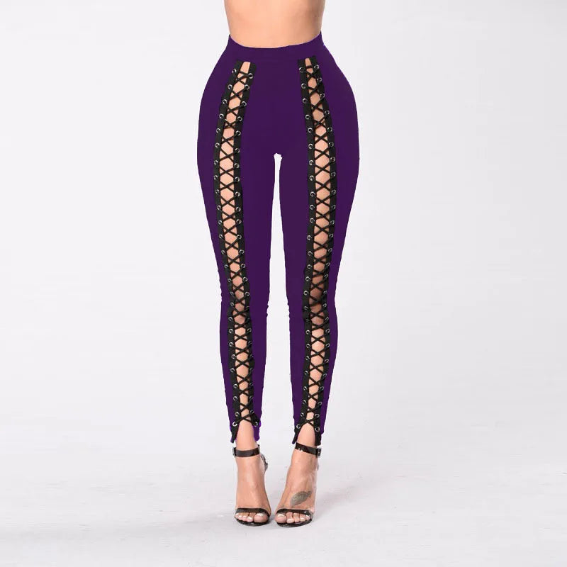 Women Black Leggings Sexy Strapping Strand Empty Rope Slim Fit Outside Wearing Pants With Holes Front Purple Red Large Size Four