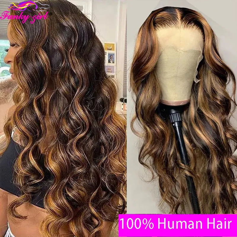 4/27 Brazilian Highlight Body Wave Human Hair Lace Wigs Body Wavy 13x6 Lace Front Wig Pre Plucked For Women And Girl 180 Density