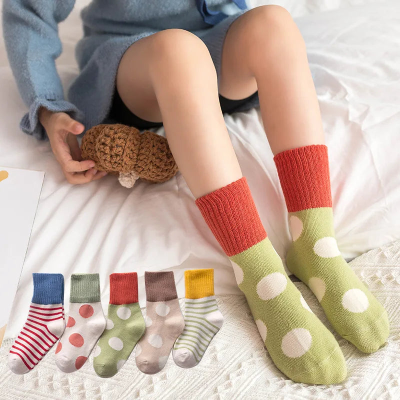 1-12 Year 5 pairs pack Children's socks Winter new horizontal stripes dot striped socks princess socks