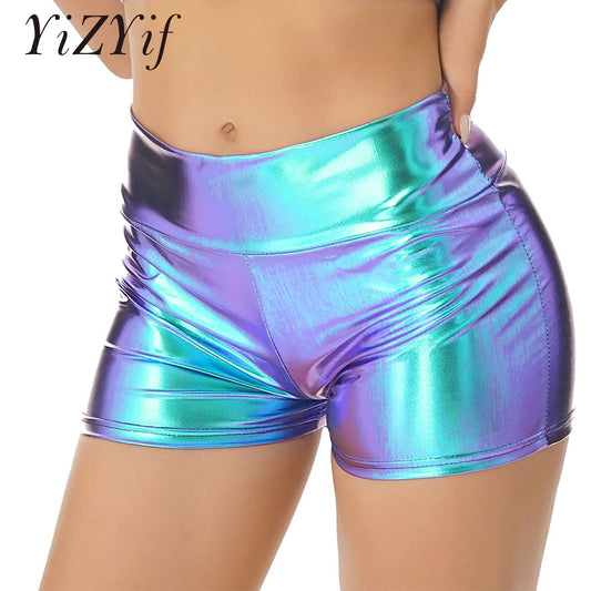 Womens Metallic Booty Shorts High Waisted Shiny Rave Bottoms for Jazz Pole Dance Festival Costumes Sexy Party Club Shorts