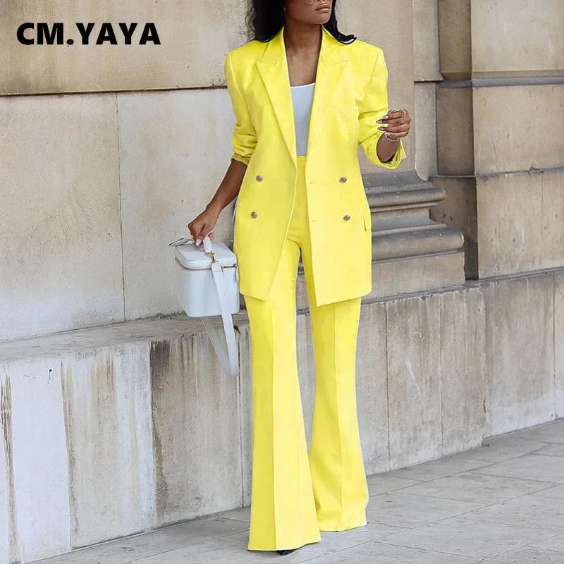 CM.YAYA Basic Elegant Women's Tracksuit Double Breasted Blazers and Straight Flare Pants Suit Matching Two 2 Piece Set Outfits