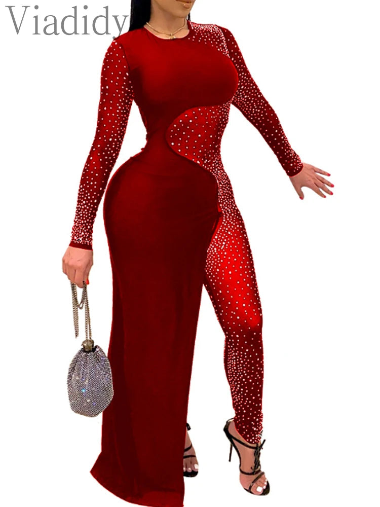 Women Sexy Mesh Rhinestone Irregular Skinny Jumpsuits