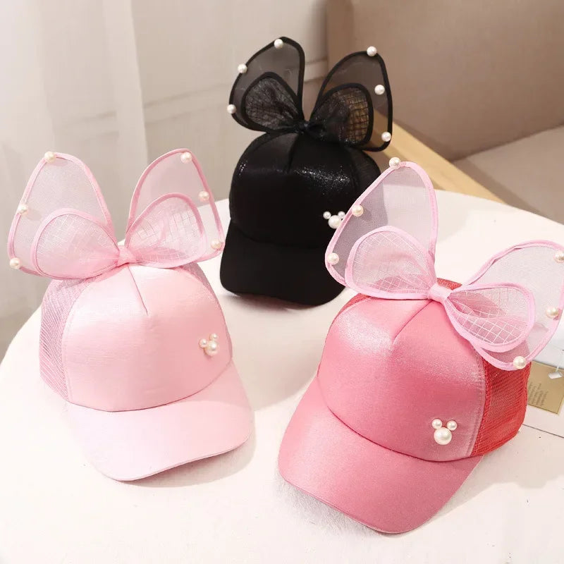 2-8Yrs Old Children Big Bow Cartoon Baseball Cap Girls Pearl Snapback Sun Protection Caps Mesh Rabbit Ear KidsTrucker Sun Hat