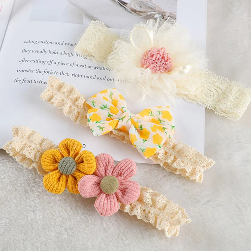 3Pcs/Set Flower Baby Girl Headband Lace Bow Crown Newborn Toddler Turban Hair Band Headbands For Kids Baby Hair Accessories