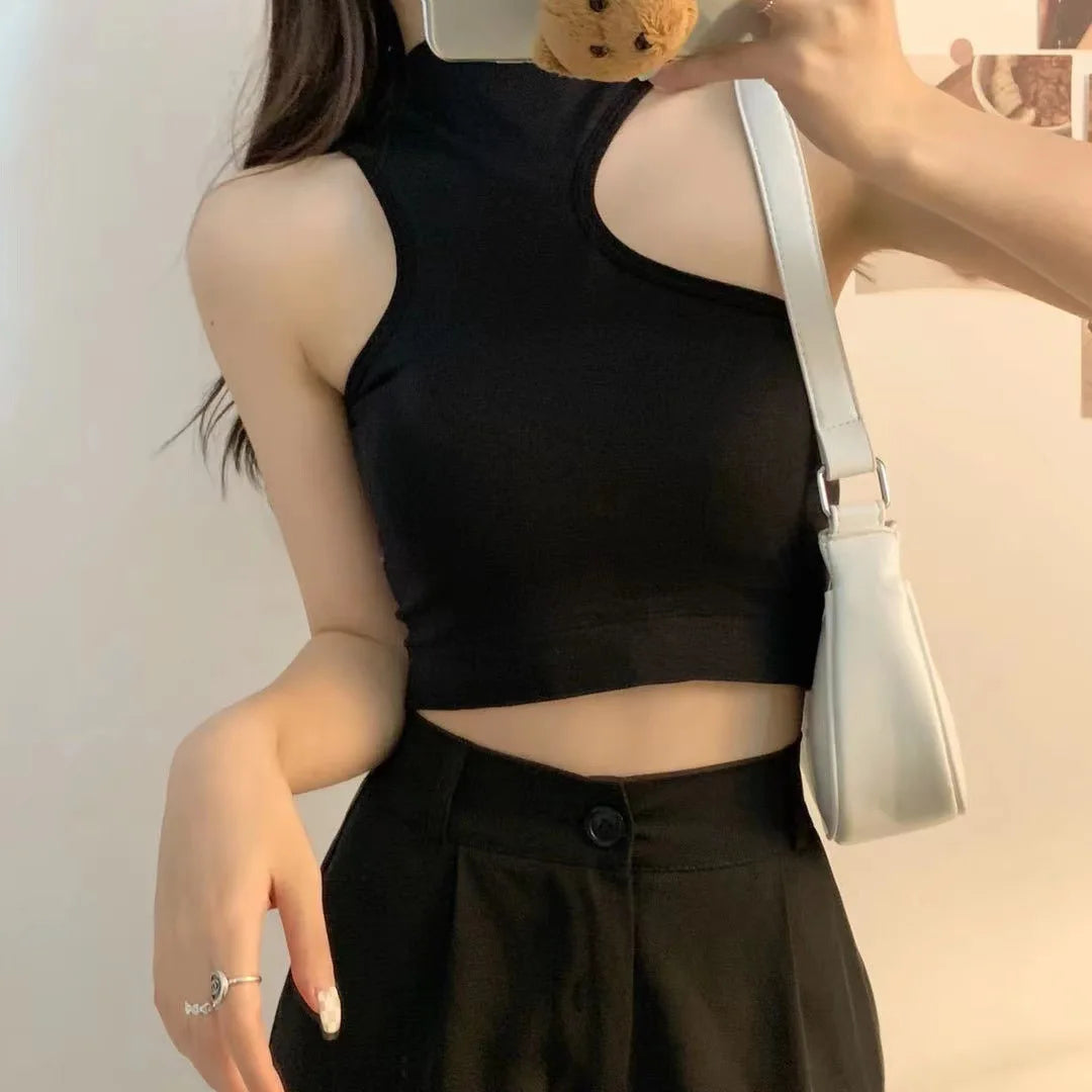 Women Hollow Out Crop Tops Summer Casual Solid Color  Street Backless Camisoles Cropped Halter Tops Sexy Sleeveless Blouses