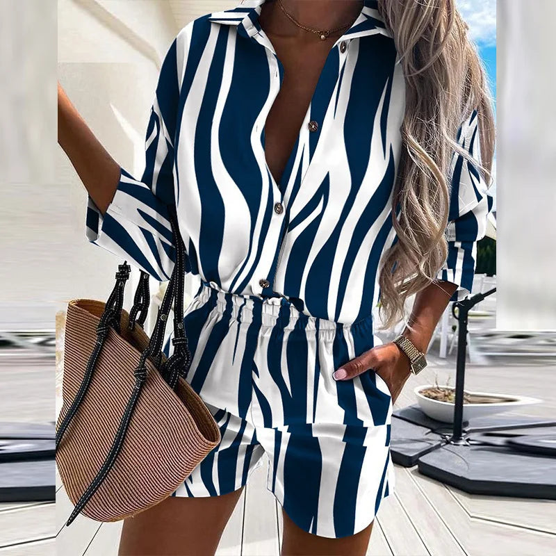 Summer Casual Beach Outfits For Women 2022 Spring Half Sleeve Shirts Tops And Shorts 2 Piece Set Leopard Print Two Piece Set