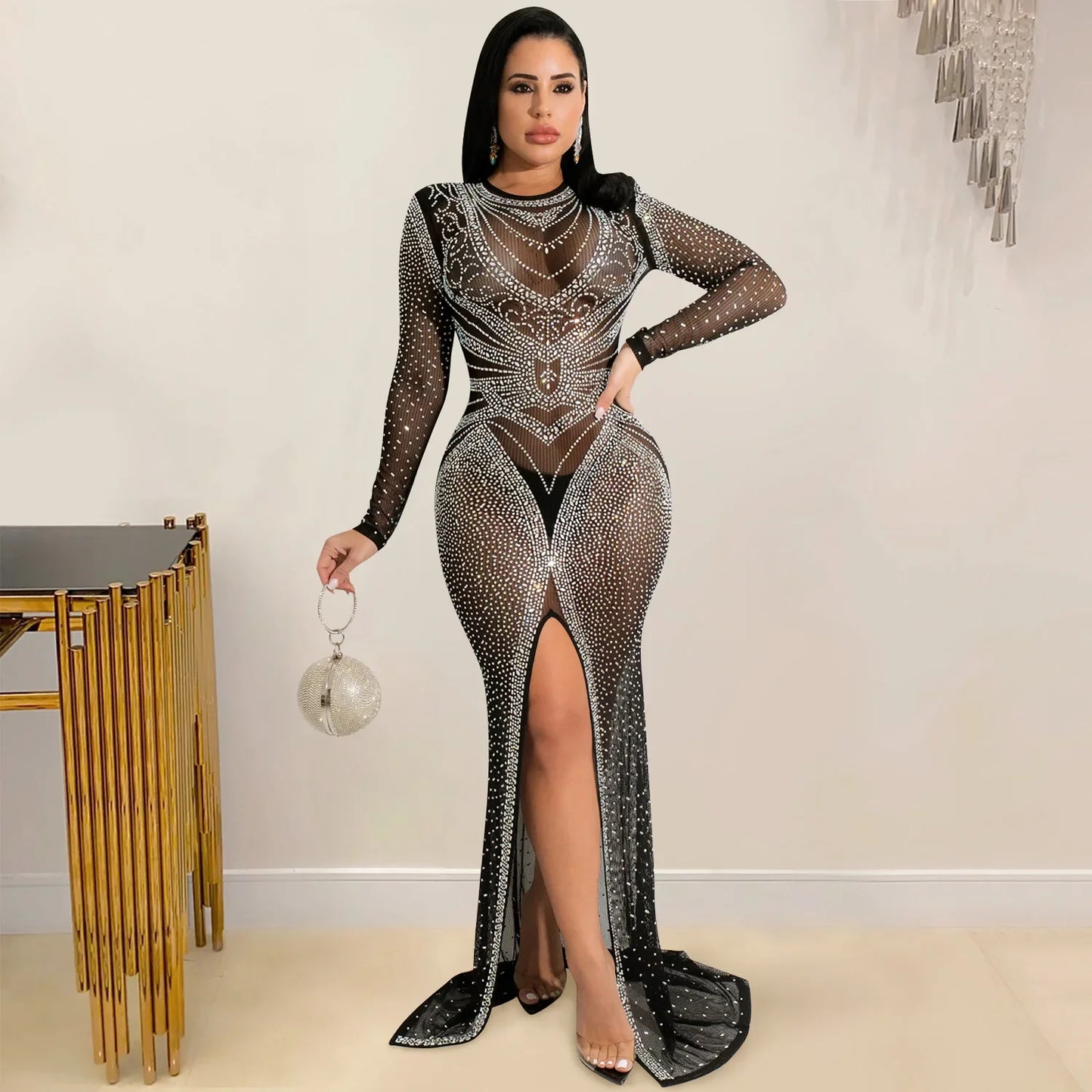 Autumn Winter Fashion Elegant Evening party luxury Long Dress Women's Net Gauze Perspective Long Sleeve Slit Nightclub Dress