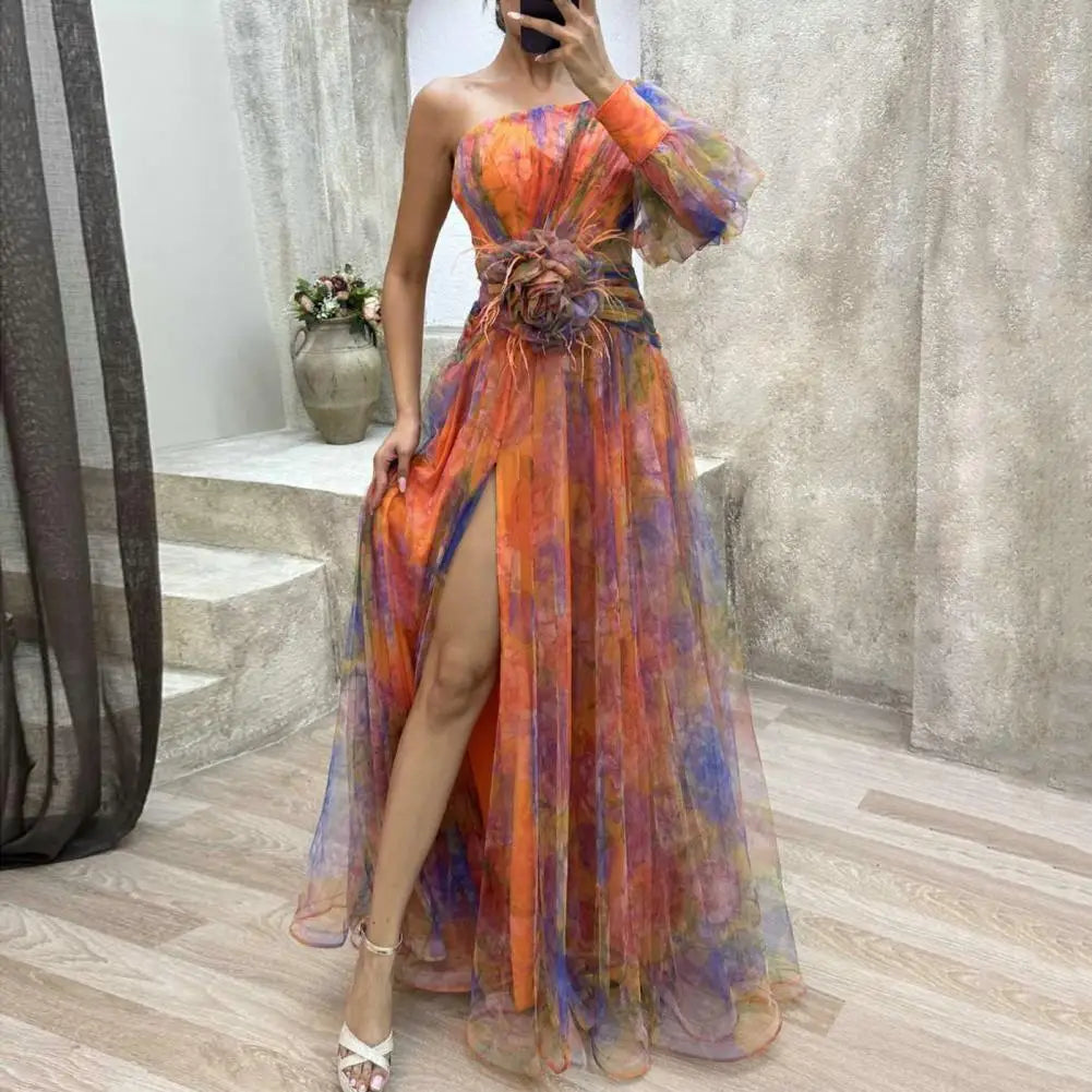 Formal Evening Dress Flower Embellished Evening Dress Elegant One Shoulder Tie-dye Ball Gown with Mesh Bubble Sleeves Split Hem