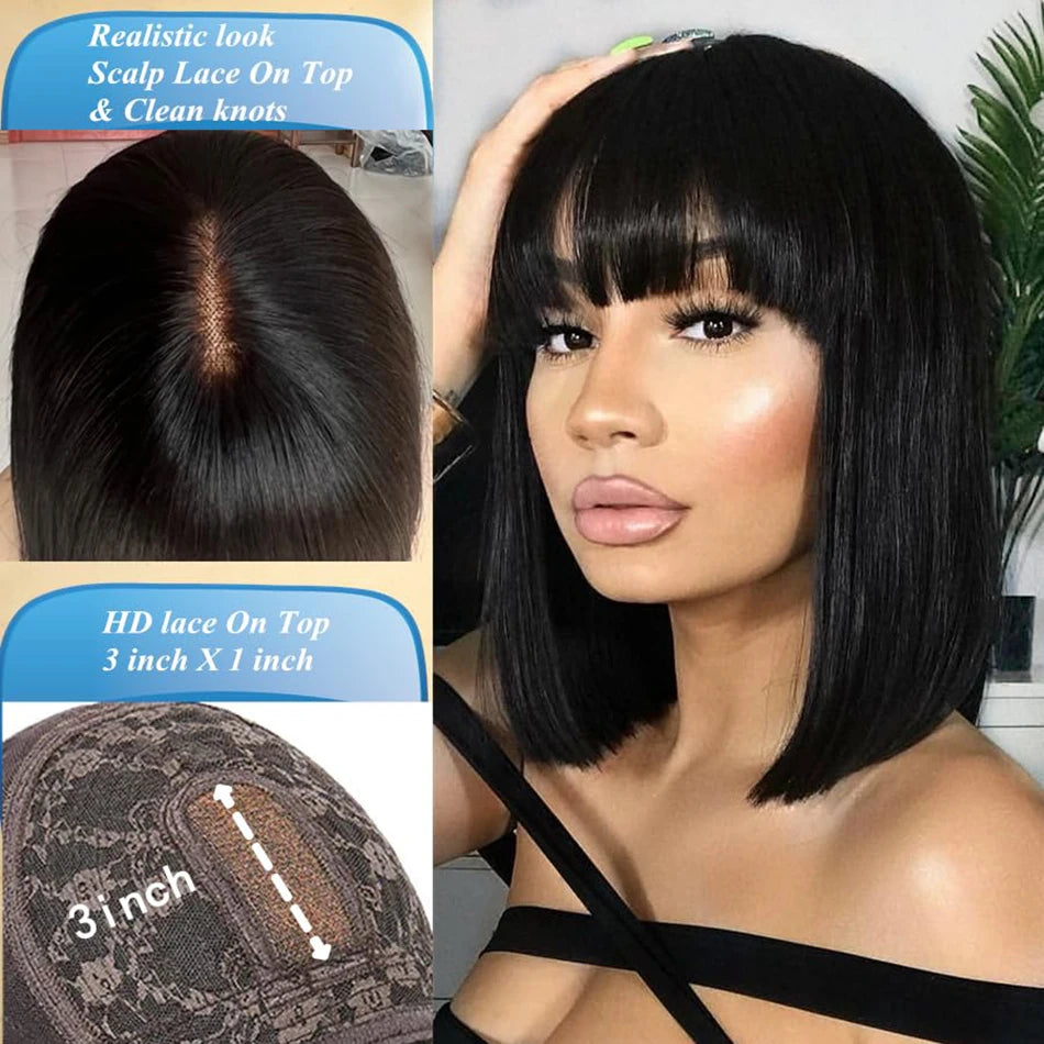 Wiggogo 3X1 Middle Part Lace Wig Short Bob Wigs Glueless Wig Human Hair Ready To Wear And Go Straight Human Hair Wigs With Bangs