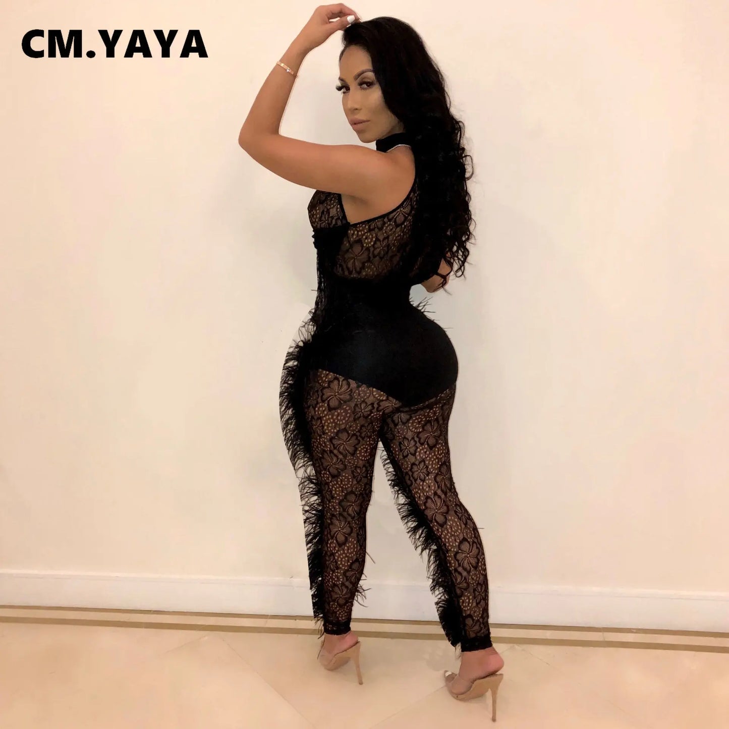 CM.YAYA Fashion Women Sleeveless Lace See Though Fur Side Skinny Stretchy Jumpsuit Streetwear Sexy One Piece Suit INS Playsuits