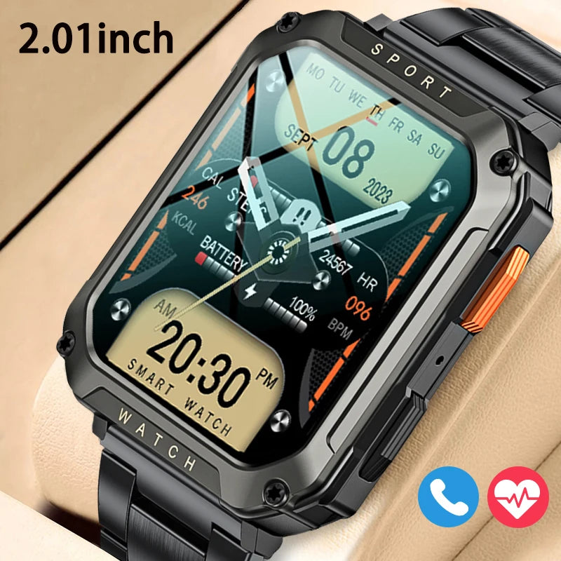 2024 New Military Bluetooth Call Smart Watch Men 2.01" Sports Fitness Bracelet Waterproof Voice Assistant Smartwatch For Men