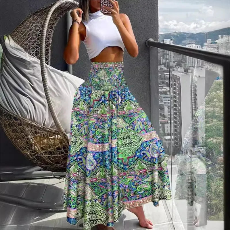 Boho Print Skirts For Women 2024 Summer Casual Elastic High Waist A-line Big Swing Long Dress Vacation Beach Party Skirt Robe