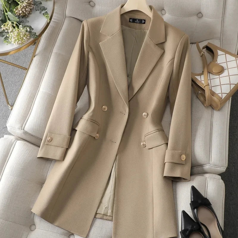 Autumn Winter Jacket Women Long Blazer Khaki Coffee Black Office Ladies Formal Jacket Business Work Wear Coat Female Outerwear