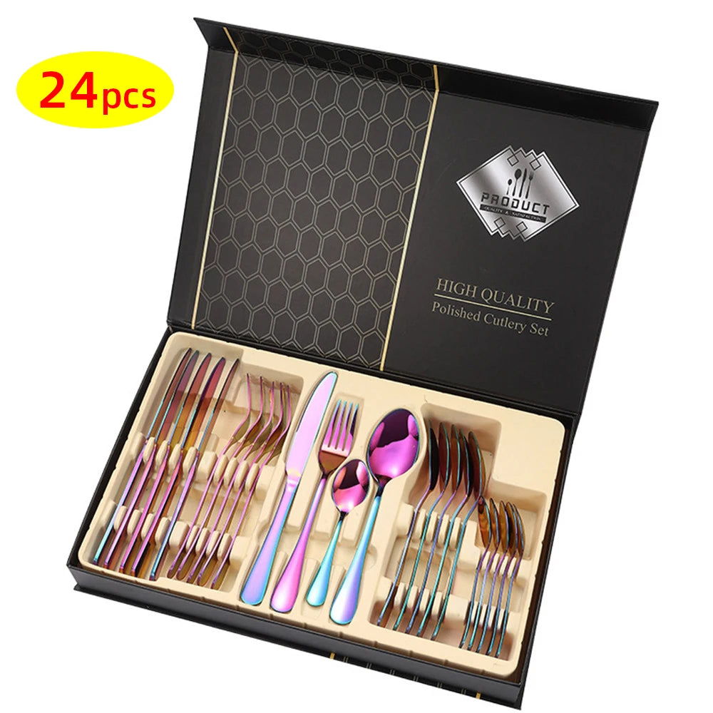 24Pcs Gold Cutlery Specular Light Stainless Steel Steak Knife Fork Spoon Teaspoon Upscale Restaurant Cutlery Set With Gift Box