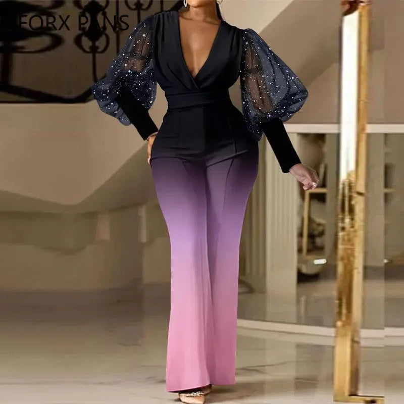 Women Elegant Contrast Mesh Lantern Sleeves Deep V Neck Straight Leg Jumpsuit