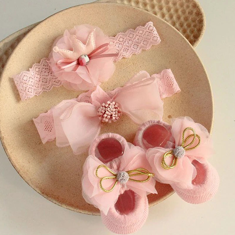 3Pcs/Set Lace Flower Baby Girl Headband Socks Set Crown Bows Newborn Hair Band Foot Socks Photo Props for Baby Hair Accessories