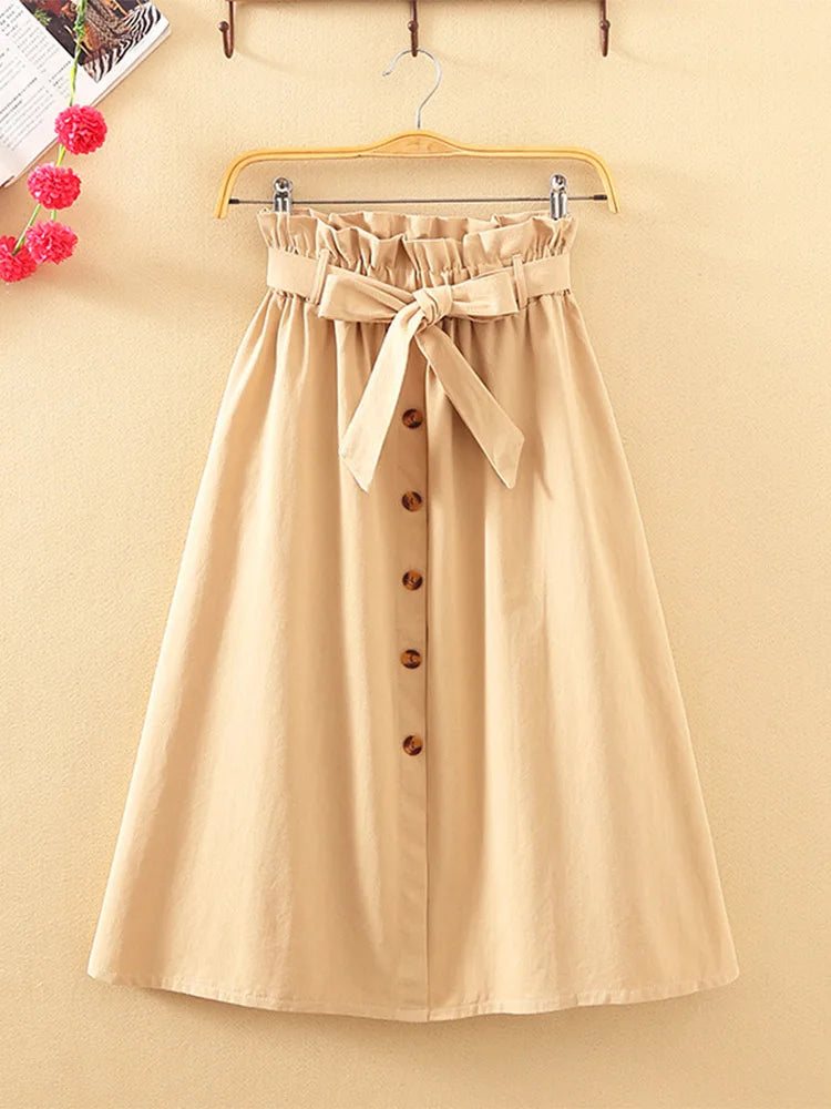 Summer Autumn Skirts Womens 2024 Midi Knee Length Korean Elegant Button High Waist Skirt Female Pleated School Skirt