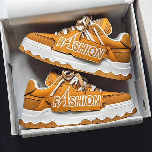 Hot Sale Fashion Letter Printed Mens Yellow Sneakers Height-increasing Platform Sneakers Men Lace-up Hip-hop Sneakers Casual Men