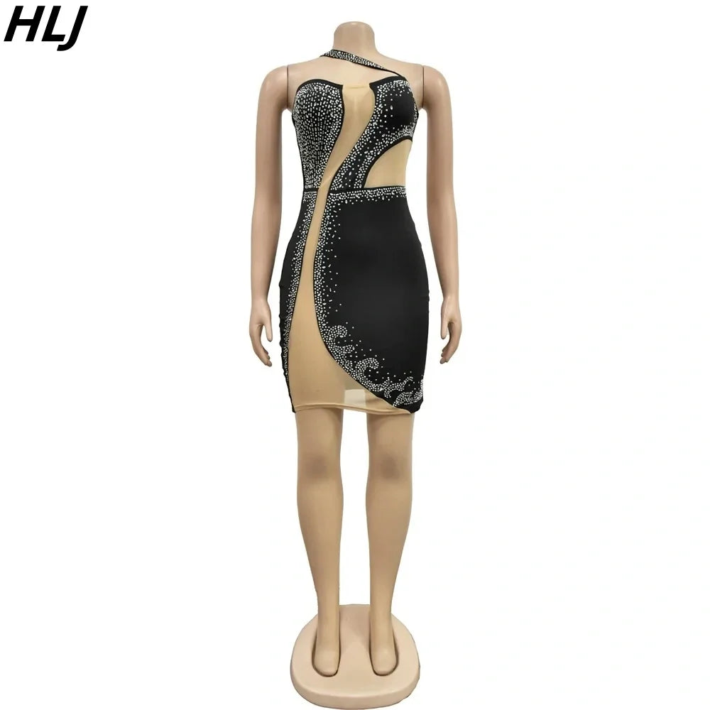 HLJ Sexy Hollow Out Mesh Patchwork Mini Dress Women One Shoulder Sleeveless Party Nightclub Fashion Female Rhinestones Vestidos