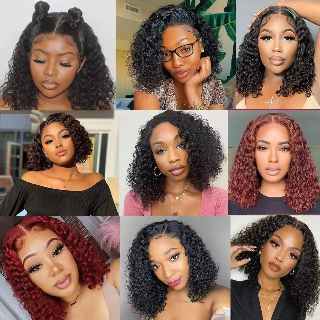 Wear Go Glueless Wig Short Bob Wig Deep Wave Human Hair Wigs Water Wave Frontal Wig Kinky Curly Bob Transparent Lace Front Wig