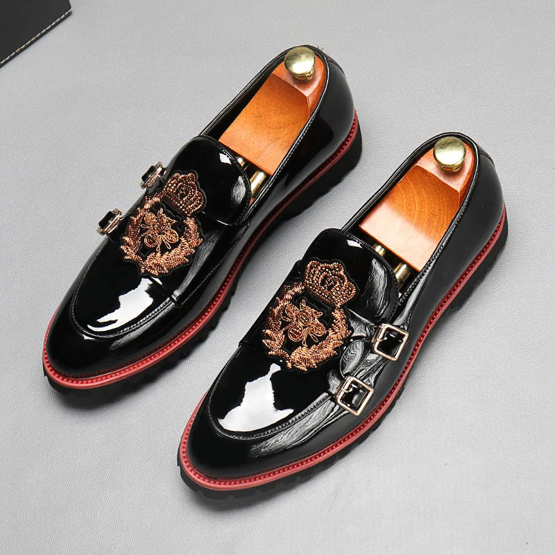 Man Double Monkstrap Embroidery Loafers Shoes Comfortable Moccasins For Men Sequins Bling Nighclub Party British Style