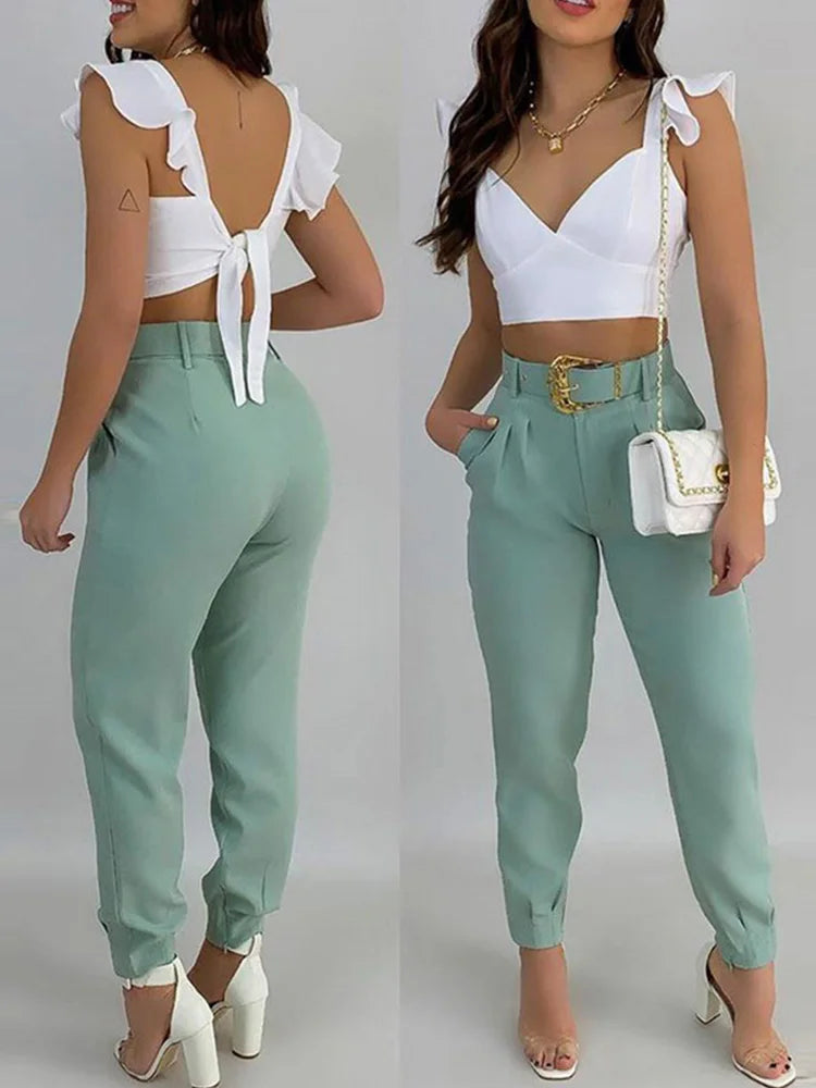 Solid Ruffles Backless Knotted Crop Tops & Pocket Design Belted Pants Set Casual Women Two Piece Set Outfits