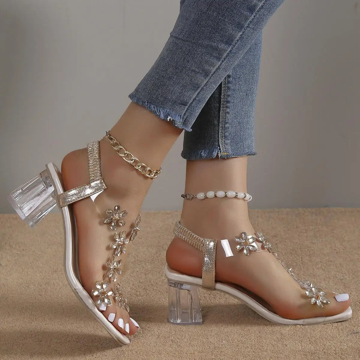 Rhinestone Transparent Heel Sandals For Women Summer High Heels  6cm Square Heel Open Toe Sandals Woman Wedding Dress Shoes 42