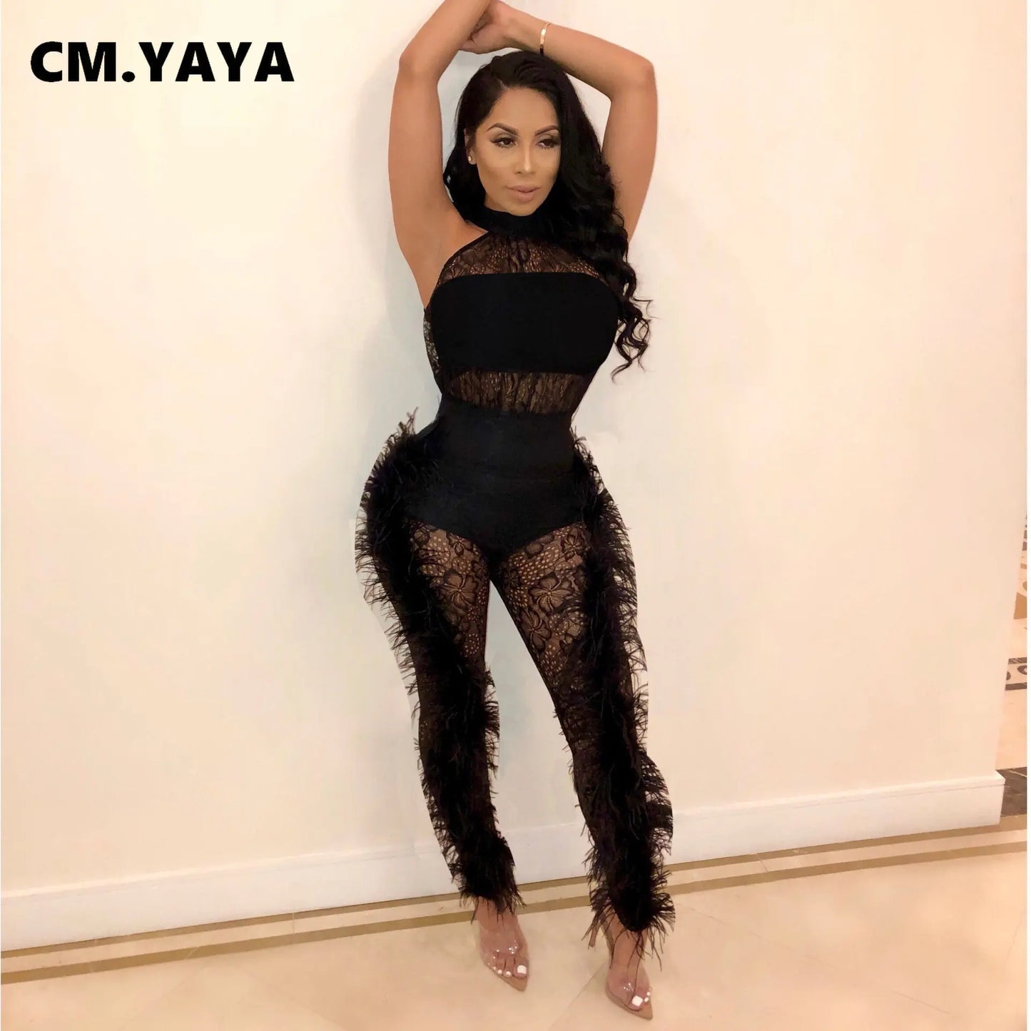 CM.YAYA Fashion Women Sleeveless Lace See Though Fur Side Skinny Stretchy Jumpsuit Streetwear Sexy One Piece Suit INS Playsuits