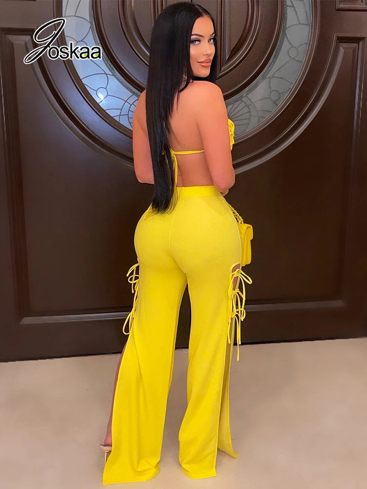 Joskaa Solid Color Bikini Tops and Hollow Out Bandage Flare Pants Two Piece Set Women Clothing Summer 2022 Sexy Club Outfits