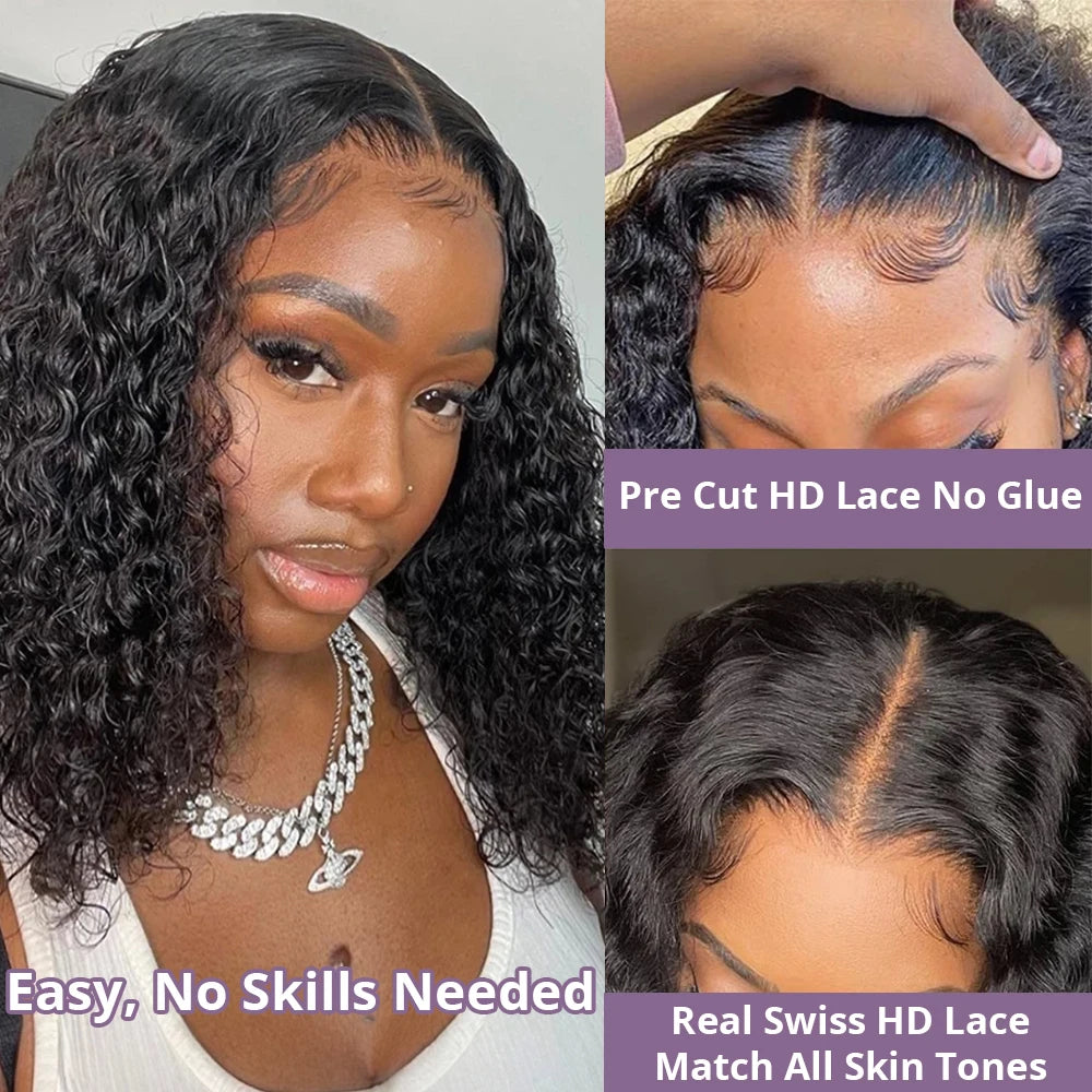 Pre Cut No Glue Water Wave 13x4 Bob Wigs Curly 7x5 Glueless Wig Human Hair Ready To Go Lace Frontal Wigs For Women Pre Plucked