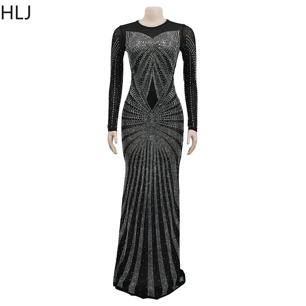 HLJ Fashion Luxury Rhinestone Mesh Perspective Evening Party Dresses Women Round Neck Long Sleeve Patchwork Floor Dress Vestidos