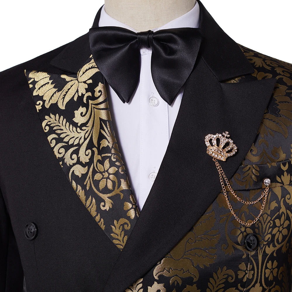 SZMANLIZI Double Breasted Black Gold Floral Jacquard Slim Fit Mens Suits Wedding Groom Tuxedos Party Jacket Pant Terno Masculino