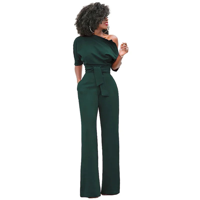 Customized High Quality Autumn Casual Jumpsuit One Shoulder Slash Neck Button Romper Full Length Jumpsuit Wide Legs Jumpsuit