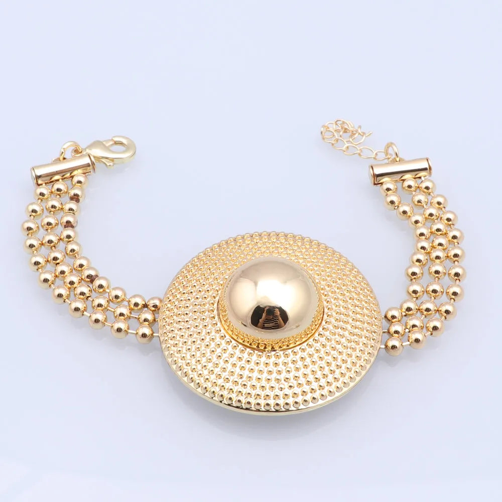 Dubai Gold Color Jewelry Set Women Luxury Design Round Pendant Necklace Earrings Bracelet Ring Wedding Party Accessories