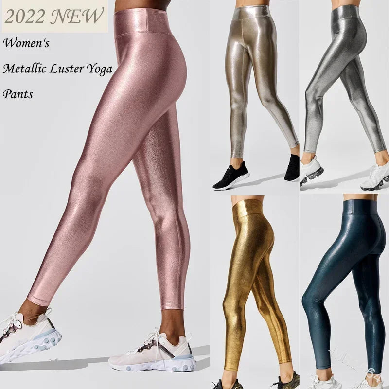 Women's Metallic Luster Yoga Pants Leggings Elastic Waist Sexy Shiny Sports Clothing Fitness Leggings High Waist Gym Sportswear