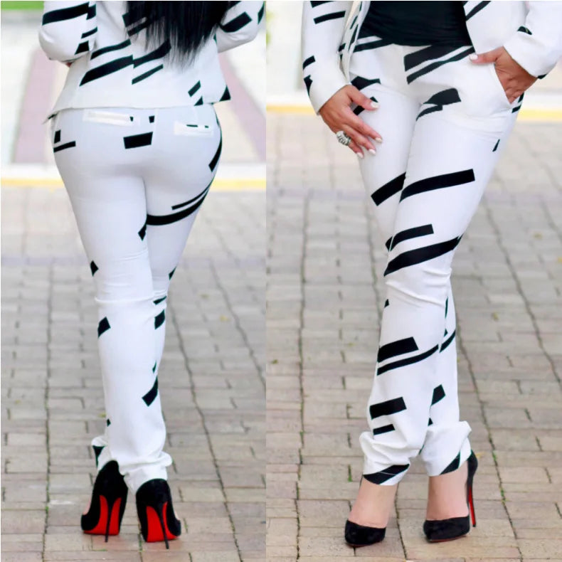 Women 's Fashion Black & White Striped Print Shoulder Jacket + Pants Two - piece Set